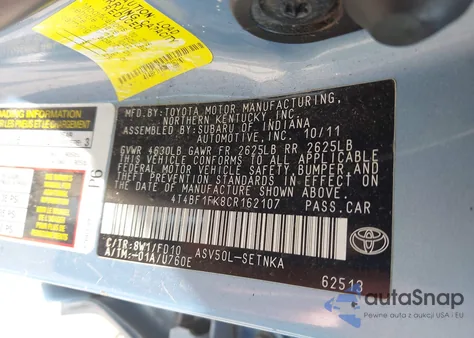 2012 Toyota Camry Le из США, поврежденный, VIN 4T4BF1FK8CR162107